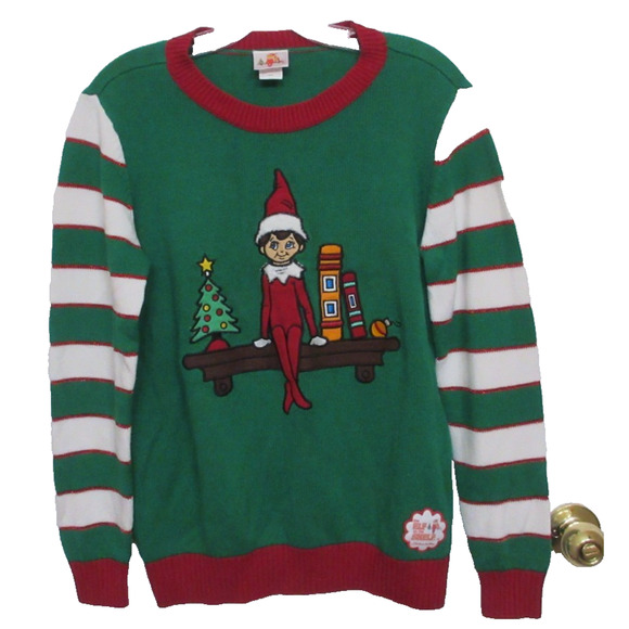 Christmas Sweater "Elf on the Shelf" Logo Green & Red Logo Ladies M - Picture 1 of 10
